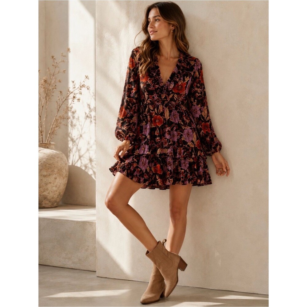 Pilcro Floral Corduroy Tiered Ruffle Dress Pockets Boho XS Anthropologie
